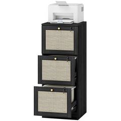 2 Drawer Filing Cabinet with Lock, Boho File Cabinet for A4 Letter Size Files with Decorative Rattan Accents, Oak
