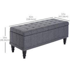 Storage Ottoman, Linen Fabric End of Bed Bench with Soft Close Lid, Button Tufted Storage Bench for Living Room, Entryway or Bedroom, 42" x 17" x 19", Beige