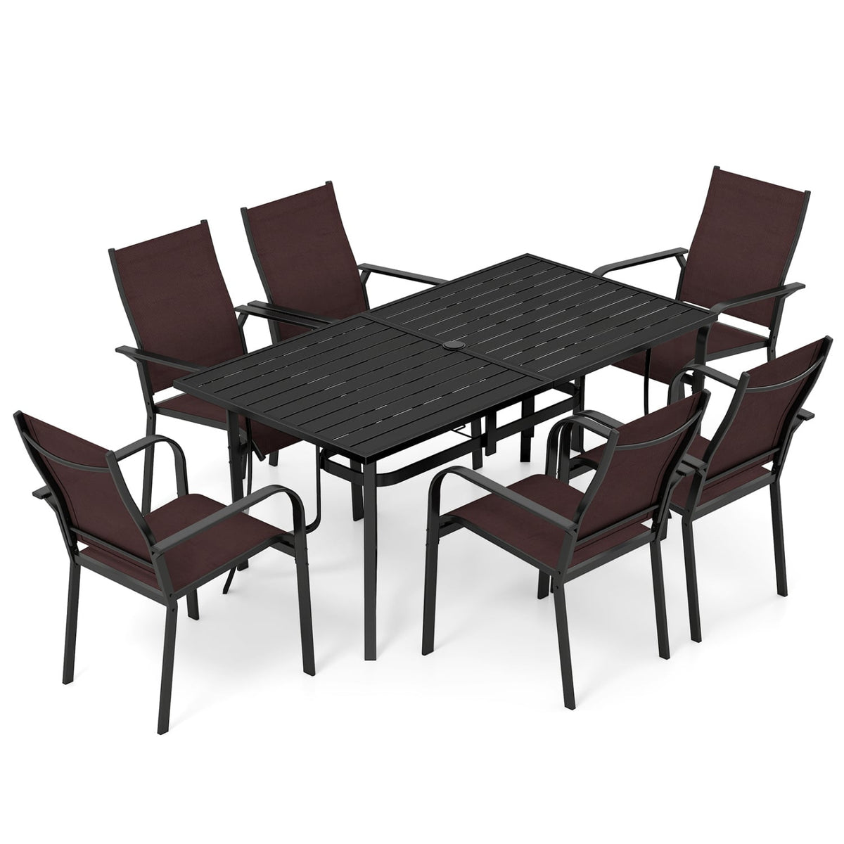 7 Piece Metal Patio Dining Set for 6, 63 Inch Powder Coated Table and Six Stacking Mesh Armchairs, Brown