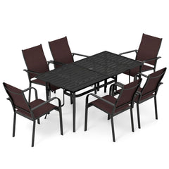 7 Piece Metal Patio Dining Set for 6, 63 Inch Powder Coated Table and Six Stacking Mesh Armchairs, Brown