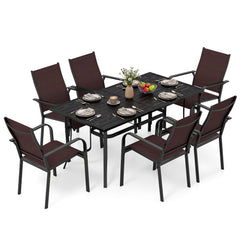7 Piece Metal Patio Dining Set for 6, 63 Inch Powder Coated Table and Six Stacking Mesh Armchairs, Brown