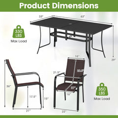7 Piece Metal Patio Dining Set for 6, 63 Inch Powder Coated Table and Six Stacking Mesh Armchairs, Brown
