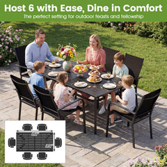 7 Piece Metal Patio Dining Set for 6, 63 Inch Powder Coated Table and Six Stacking Mesh Armchairs, Brown