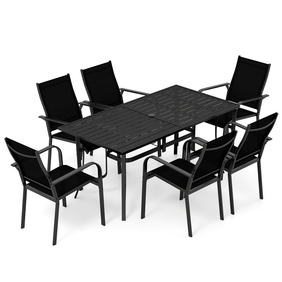 7 Piece Metal Patio Dining Set for 6, 63 Inch Table with Dual Size Umbrella Hole and Six Stacking Mesh Armchairs, Black