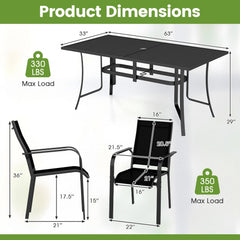 7 Piece Metal Patio Dining Set for 6, 63 Inch Table with Dual Size Umbrella Hole and Six Stacking Mesh Armchairs, Black