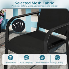 7 Piece Metal Patio Dining Set for 6, 63 Inch Table with Dual Size Umbrella Hole and Six Stacking Mesh Armchairs, Black