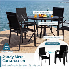 7 Piece Metal Patio Dining Set for 6, 63 Inch Table with Dual Size Umbrella Hole and Six Stacking Mesh Armchairs, Black