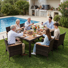 7 Piece Wicker Patio Dining Set for 6, 56 Inch Acacia Top Table and Six Deep Cushioned Armchairs, Brown