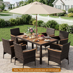 7 Piece Wicker Patio Dining Set for 6, 56 Inch Acacia Top Table and Six Deep Cushioned Armchairs, Brown