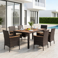 7 Piece Wicker Patio Dining Set for 6, 56 Inch Acacia Top Table and Six Deep Cushioned Armchairs, Brown