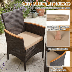 7 Piece Wicker Patio Dining Set for 6, 56 Inch Acacia Top Table and Six Deep Cushioned Armchairs, Brown