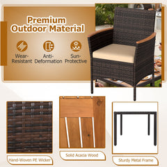 7 Piece Wicker Patio Dining Set for 6, 56 Inch Acacia Top Table and Six Deep Cushioned Armchairs, Brown