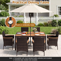 7 Piece Wicker Patio Dining Set for 6, 56 Inch Acacia Top Table and Six Deep Cushioned Armchairs, Brown