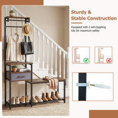 7-in-1 Hall Tree with Shoe Bench and Hooks and Removable Drawer for Entryway-Rustic Brown