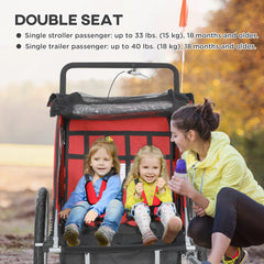 2-in-1 Bike Trailer for Kids, Foldable 2-Seat Baby Stroller with 5-Point Harness, Rubber Wheels, Storage Bag, Black