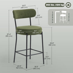 Set of 2 Barstools, Upholstered Corduroy Bar Stools with Backrest, Footrest for Kitchen Island, Dining Room, Green