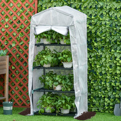 Portable Greenhouse Outdoor Hot House with 4 Tier Shelves, Steel Frame, PE Cover, 28" x 20" x 63" , White