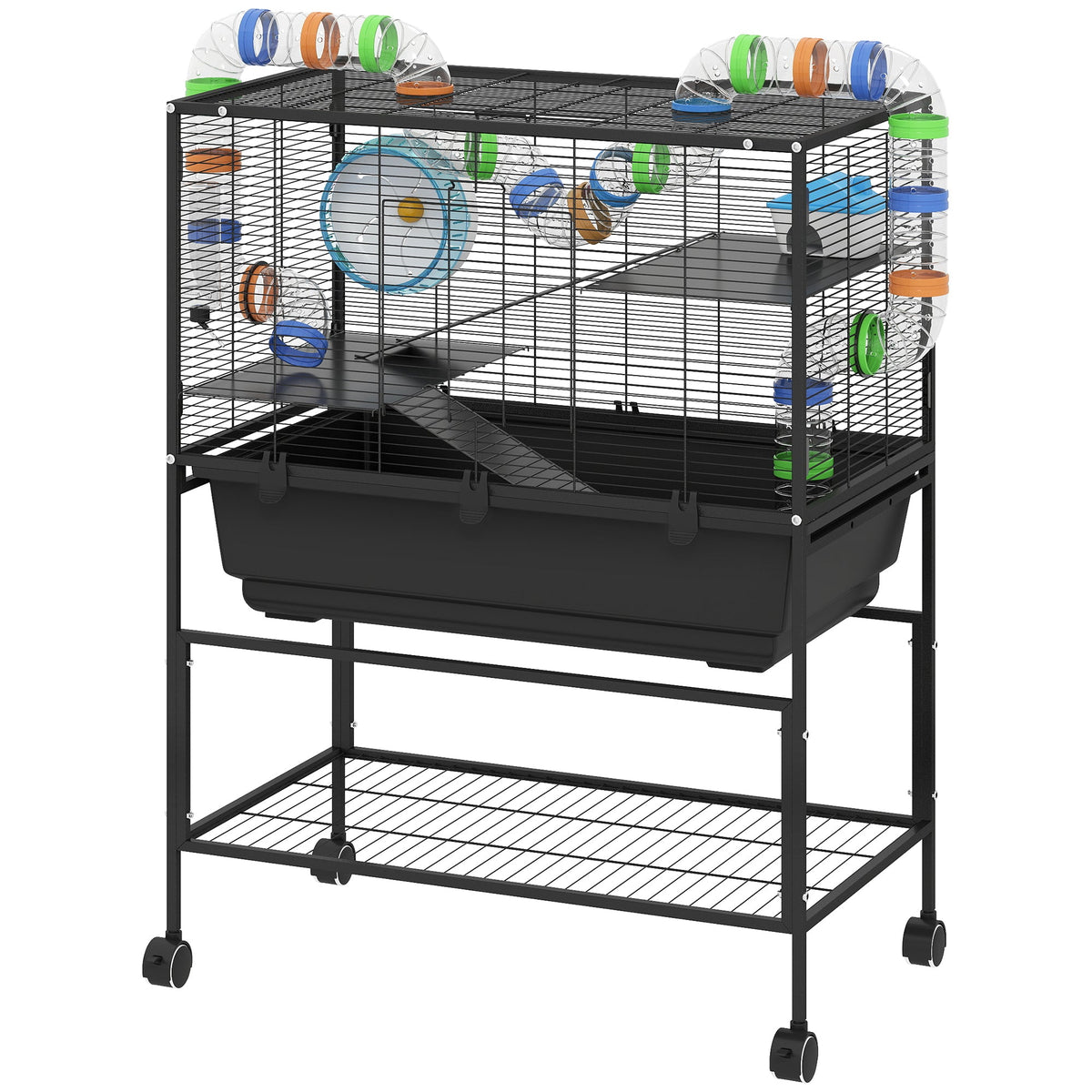 3 Tier Rolling Hamster Cage with 7" Deep Tray, Storage Shelf, Big Exercise Wheel, Tube System, for Syrian, Gerbil, Rat