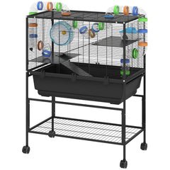 3 Tier Rolling Hamster Cage with 7" Deep Tray, Storage Shelf, Big Exercise Wheel, Tube System, for Syrian, Gerbil, Rat