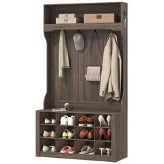 4-In-1 Hall Tree with Bench and Shoe Storage, Farmhouse Coat Rack Shoe Bench with 12 Shoe Cubbies, 6 Hooks, Dark Brown