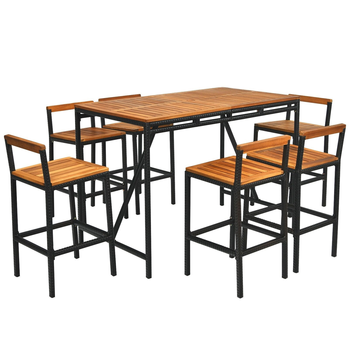 7 Piece Acacia and Rattan Patio Bar Set, 55 Inch High Table with 1.9 Inch Umbrella Hole and 6 Backed Bar Stools