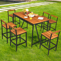 7 Piece Acacia and Rattan Patio Bar Set, 55 Inch High Table with 1.9 Inch Umbrella Hole and 6 Backed Bar Stools