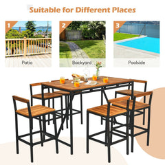 7 Piece Acacia and Rattan Patio Bar Set, 55 Inch High Table with 1.9 Inch Umbrella Hole and 6 Backed Bar Stools