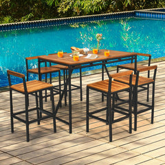 7 Piece Acacia and Rattan Patio Bar Set, 55 Inch High Table with 1.9 Inch Umbrella Hole and 6 Backed Bar Stools