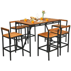 7 Piece Acacia and Rattan Patio Bar Set, 55 Inch High Table with 1.9 Inch Umbrella Hole and 6 Backed Bar Stools