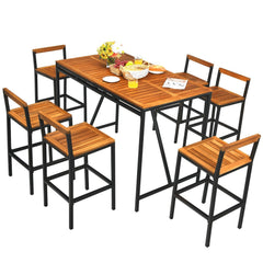 7 Piece Acacia and Rattan Patio Bar Set, 55 Inch High Table with 1.9 Inch Umbrella Hole and 6 Backed Bar Stools