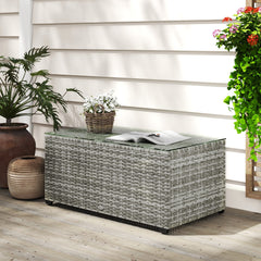 Wicker Outdoor Coffee Table, PE Wicker Rectangular Patio Table with Tempered Glass Top for Garden, Balcony, Dark Grey