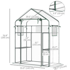 Walk-in Greenhouse with 4 Shelves, 56" x 29" x 77" Mini Greenhouse ,Roll-Up Door, Mesh Windows for Seedling, Flowers, Plant Growing, Clear