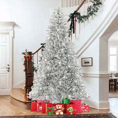 8 FT Silver Flocked Pre-Lit Christmas Tree, 1273 Tips, 81 Frosted Sphere Lights and Remote