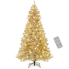 8 FT Silver Flocked Pre-Lit Christmas Tree, 1273 Tips, 81 Frosted Sphere Lights and Remote