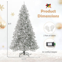 8 FT Silver Flocked Pre-Lit Christmas Tree, 1273 Tips, 81 Frosted Sphere Lights and Remote