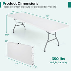 8 ft Portable Folding Table 350 LBS Fold-in-Half Table with HDPE Tabletop-White