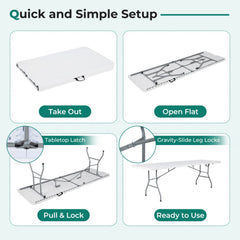 8 ft Portable Folding Table 350 LBS Fold-in-Half Table with HDPE Tabletop-White