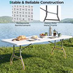 8 ft Portable Folding Table 350 LBS Fold-in-Half Table with HDPE Tabletop-White