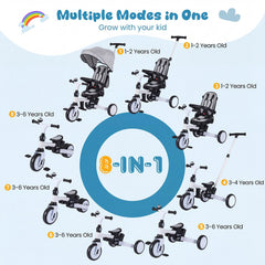 8-in-1 Folding Kids Tricycle with Removable Canopy and Push Handle-Gray