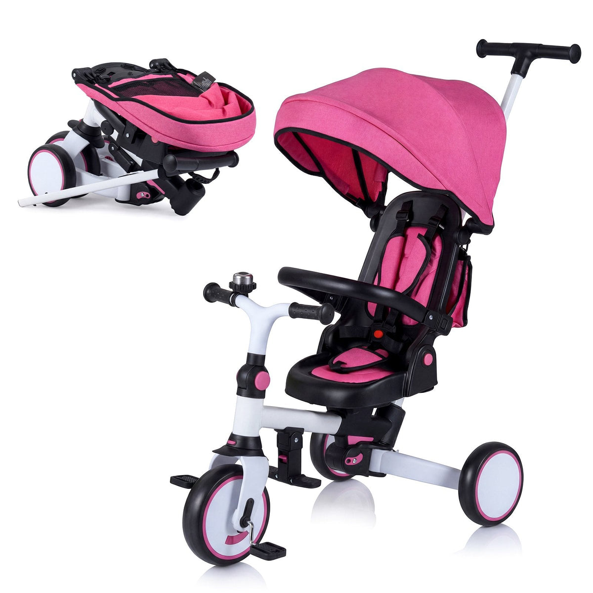 8-in-1 Folding Kids Tricycle with Removable Canopy and Push Handle-Pink