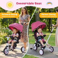 8-in-1 Folding Kids Tricycle with Removable Canopy and Push Handle-Pink