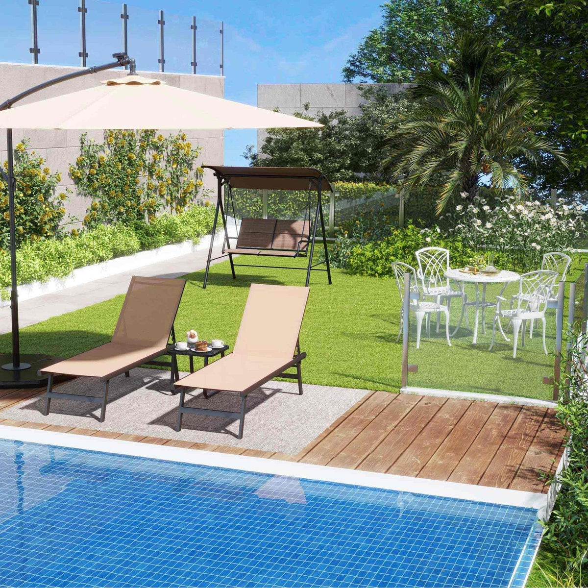 8 Piece Outdoor Furniture Collection: Solar Umbrella, Cast Aluminium Dining Set, Acacia Conversation Set, Bistro Set, Lounger, Bed, Swing and Table
