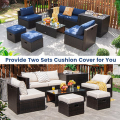 8 Piece Wicker Patio Set with Storage Box, Ottomans and Two Cushion Cover Sets
