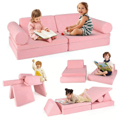 8 Pieces Kids Play Couch Foam Building Fort Play Set with Suede Cover-Pink