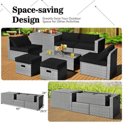 8 Piece Patio Rattan Set with Storage, Nesting Design and Waterproof Cover, Black