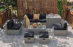 8 Piece Patio Rattan Set with Storage, Nesting Design and Waterproof Cover, Black