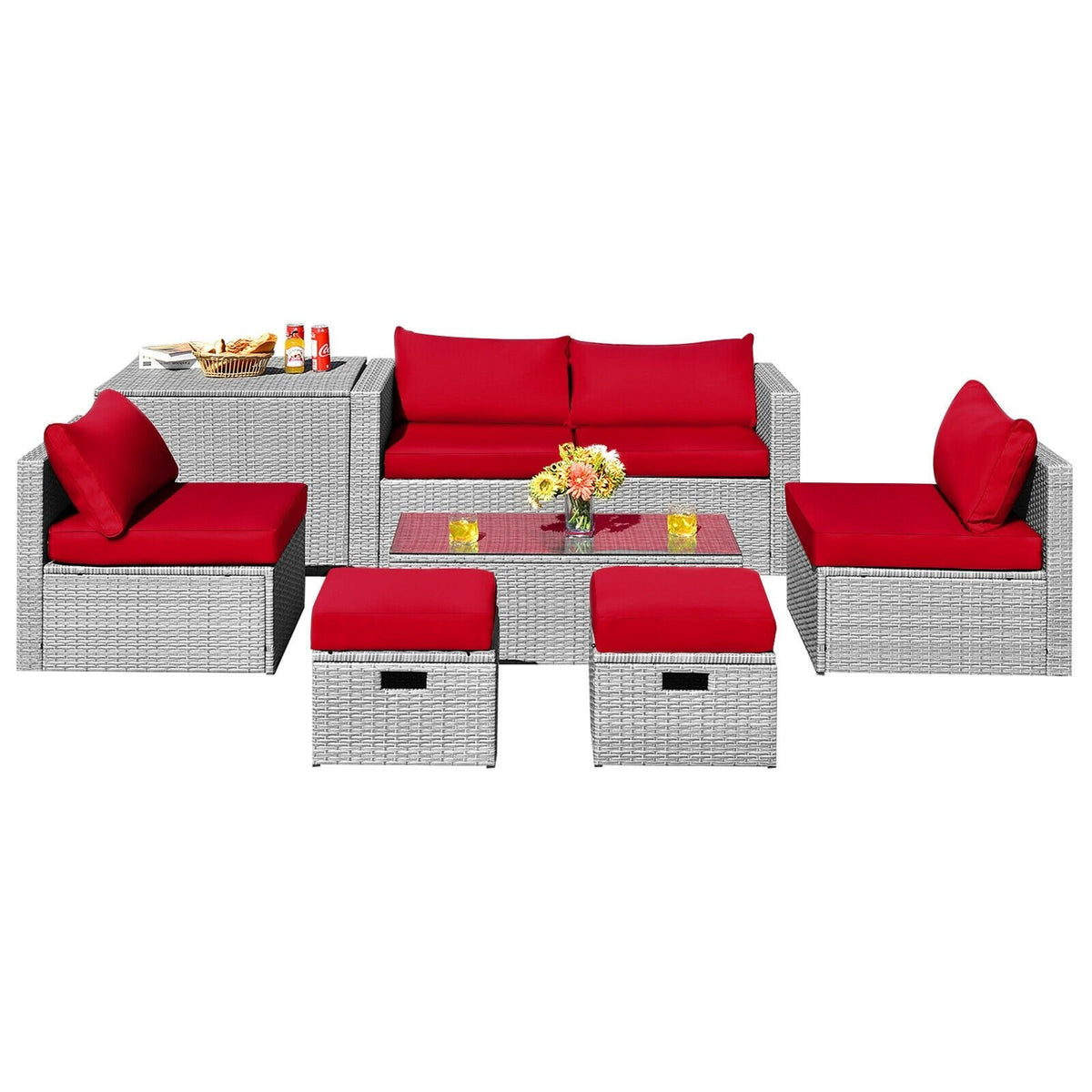 8 Piece Patio Rattan Set with Storage, Nesting Design and Waterproof Cover, Red