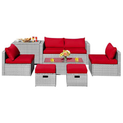 8 Piece Patio Rattan Set with Storage, Nesting Design and Waterproof Cover, Red
