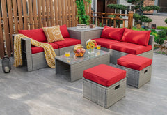 8 Piece Patio Rattan Set with Storage, Nesting Design and Waterproof Cover, Red