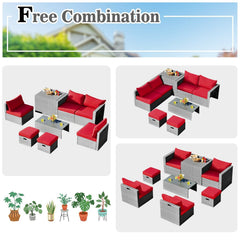 8 Piece Patio Rattan Set with Storage, Nesting Design and Waterproof Cover, Red